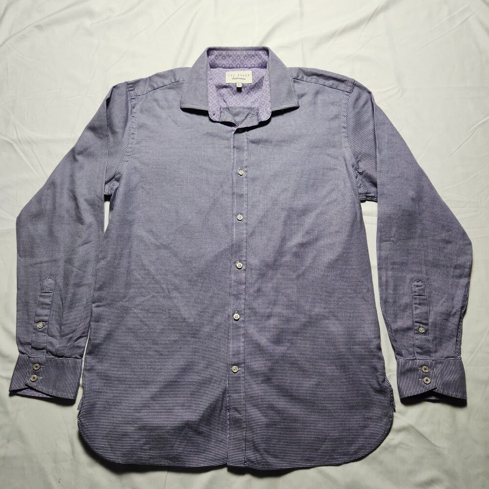 Ted Baker Endurance Mens 16 34/35 Houndstooth Dress Shirt  Purple White